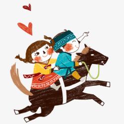手绘水彩绘画马背上的情侣素材