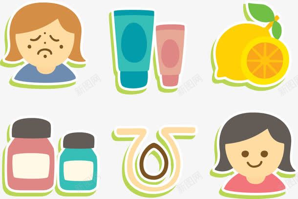 面部清洁工具png免抠素材_88icon https://88icon.com 叶子 毛孔 水果 清洁工具 瓶子 短发女孩 脸