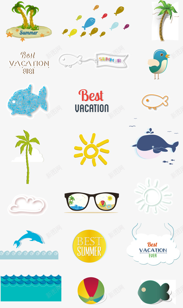 夏天元素矢量图ai免抠素材_88icon https://88icon.com 太阳 椰子树 鱼 矢量图