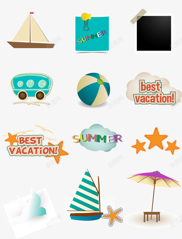 夏天元素矢量图ai免抠素材_88icon https://88icon.com 太阳 椰子树 鱼 矢量图