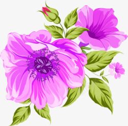 手绘紫色花朵绿色树叶素材