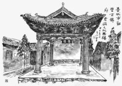 院中中国风手绘院中凉亭高清图片