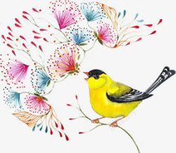 手绘彩色花朵黄色小鸟素材