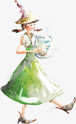 卡通手绘女孩抱鱼素材