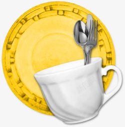 卡通黄色杯垫背景白瓷茶杯刀叉素材