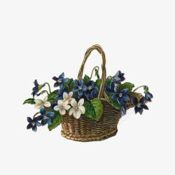 蓝色花朵手绘编织花篮素材
