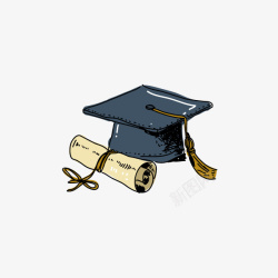 水彩博士帽和毕业证书素材