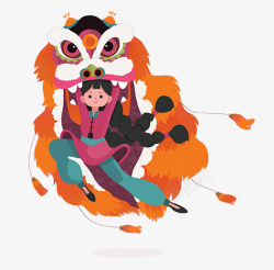 橙色中国风舞狮装饰图案素材