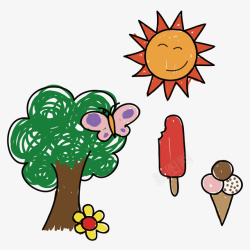 儿童插画树木和太阳矢量图素材