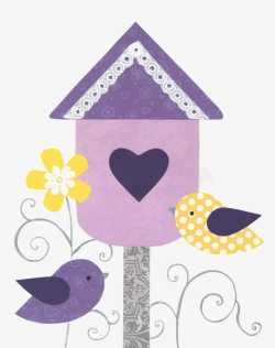 卡通紫色鸟屋爱心装饰素材