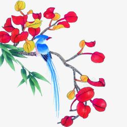 水墨画树枝蓝色鸟素材