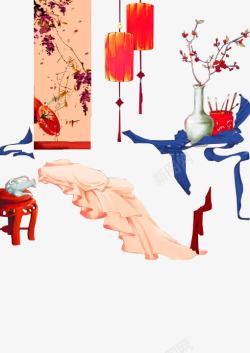粉色中国风灯笼画作装饰图案素材