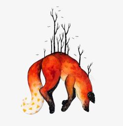 枯树枝插画水彩狐狸高清图片