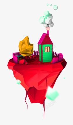 红色浮岛房屋几何装饰图案素材