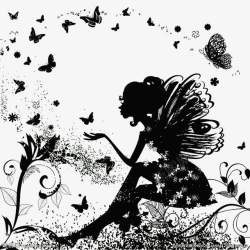 被蝴蝶围绕的花女孩黑色装饰素材
