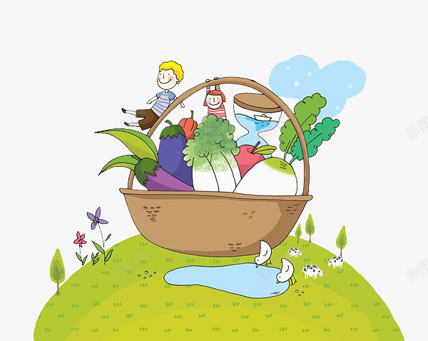 孩子在蔬菜篮里png免抠素材_88icon https://88icon.com 卡通 孩子 草地 蔬菜篮