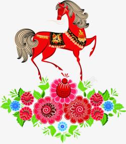 手绘红色马匹花朵素材
