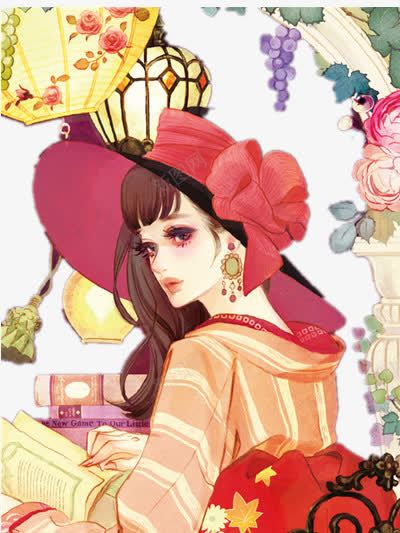 唯美插画png免抠素材_88icon https://88icon.com 唯美 女孩 帽子 灯笼 蝴蝶结 装饰