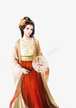 古代美女执扇头戴花饰素材