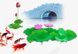绿色中国风荷塘装饰图案素材