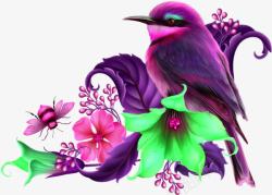 手绘花朵上的紫色麻雀素材