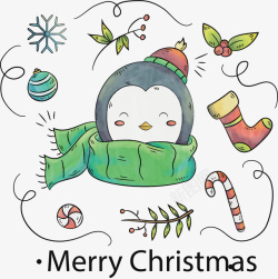 可爱手绘小企鹅圣诞海报矢量图素材