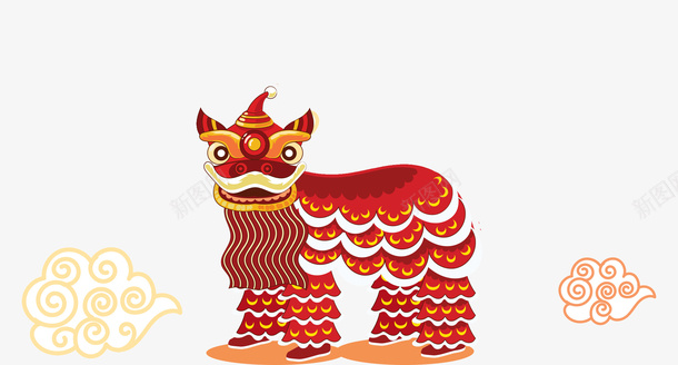 卡通红色舞狮新年装饰png免抠素材_88icon https://88icon.com 喜庆 新年装饰 春节装饰 祥云 红色舞狮 背景装饰