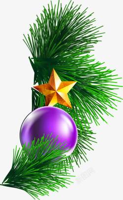 紫色吊球圣诞节绿色松叶装饰高清图片