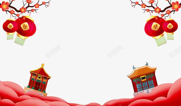 中国风红灯笼展板图png免抠素材_88icon https://88icon.com 中国风 卡通 展板 房子 插图 梅花 红灯笼 红色的