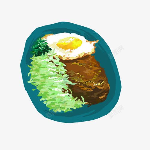 牛排饭手绘画片psd免抠素材_88icon https://88icon.com 手绘美食 牛排饭 色彩画 蓝色盘子