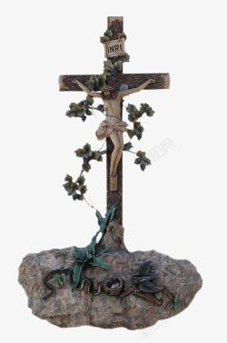 田园植物木架子耶稣钉在十字架上的人物高清图片