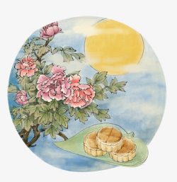 中国工笔画秋月花纹饼糕元素素材
