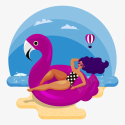 沙滩年轻美女躺在火烈鸟游泳圈上素材