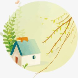 手绘房屋与植物素材