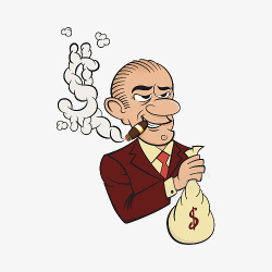 卡通抽雪茄的男人拎着钱袋子插画素材