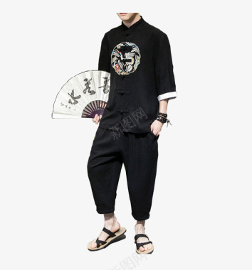 男士中国风夏季薄款棉麻刺绣套装男士图标图标