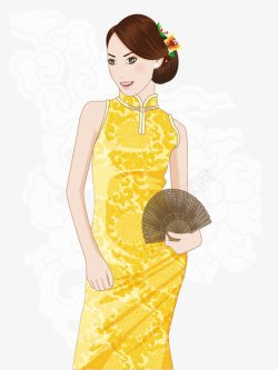 拿折扇黄色旗袍美女素材