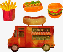 水彩绘快餐车和3种快餐矢量图素材