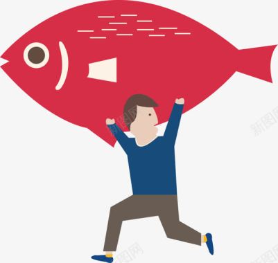 红黑色背景举着红鱼的人卡通图标图标