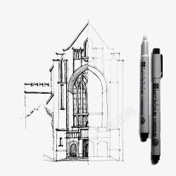 手绘中性笔手绘教堂高清图片