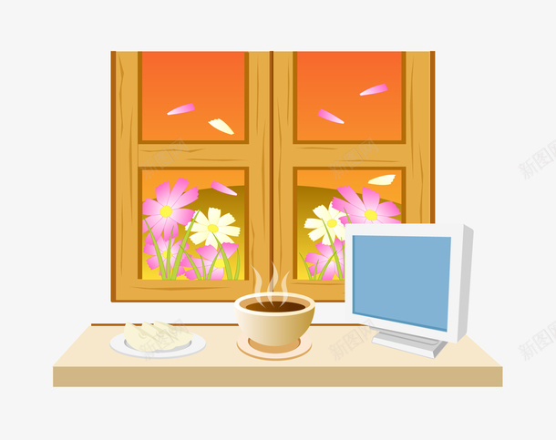 窗台矢量图eps免抠素材_88icon https://88icon.com 咖啡 电脑 窗台 花朵 矢量图