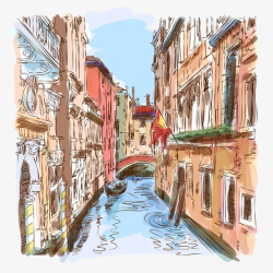 手绘水彩威尼斯街景素材
