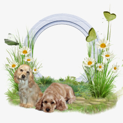 狗狗和植物白色边框素材