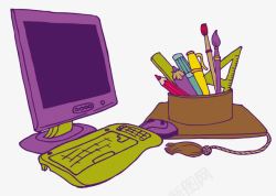 手绘紫色台式电脑和学习工具素材