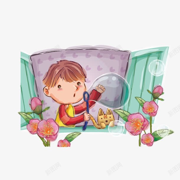 可爱的吹泡泡男孩png免抠素材_88icon https://88icon.com 卡通 可爱 吹泡泡 男孩 花朵