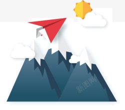 蓝色卡通山峰与红色纸飞机素材