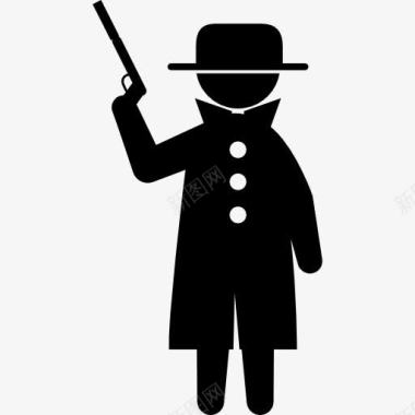 犯罪与枪上的大衣和帽子图标图标