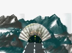 手绘重山中的隧道素材