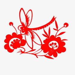 红色蜻蜓和花朵剪纸素材
