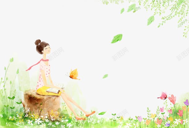 木墩上的女孩png免抠素材_88icon https://88icon.com 人物 卡通人物 卡通女孩 女孩 手绘风景 木墩 水彩风景 水彩风景画